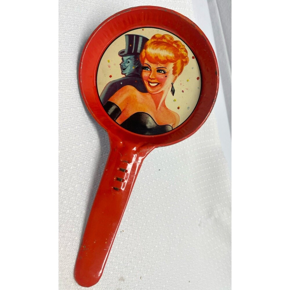 Vintage Celebration New Year Costume Party Tin Noisemaker Phantom Sexy Woman EUC